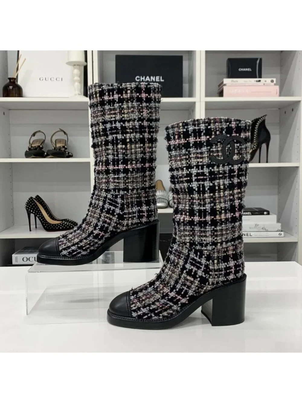 Chanel CC Logo Tweed Long Boots Black Multicolor